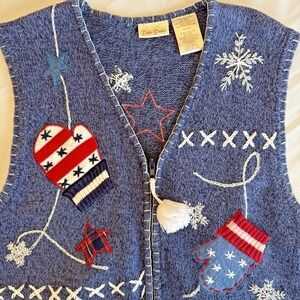 Vintage Bobbie Brooks Holiday Christmas Sweater Vest Women Small Blue Zip Mitten